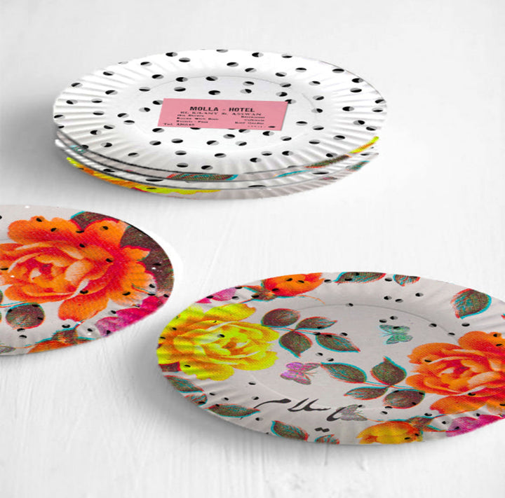 set of six  decorative plates with Damascena  flowers and dots pattern illustrated on